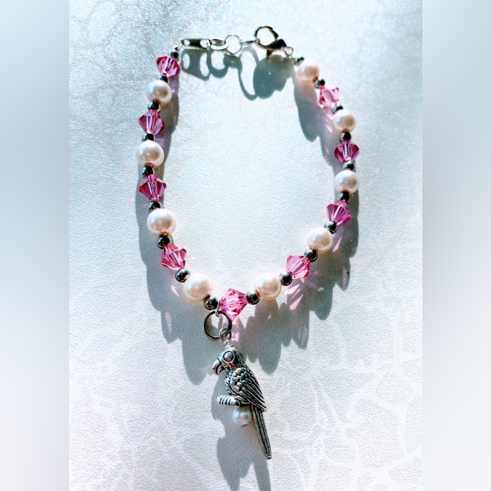 Pink and Silver Parrot Charm Bracelet